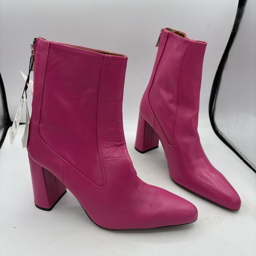Zara Boots Womens Size 10 Hot Pink Leather Block Chunk Heel Zip